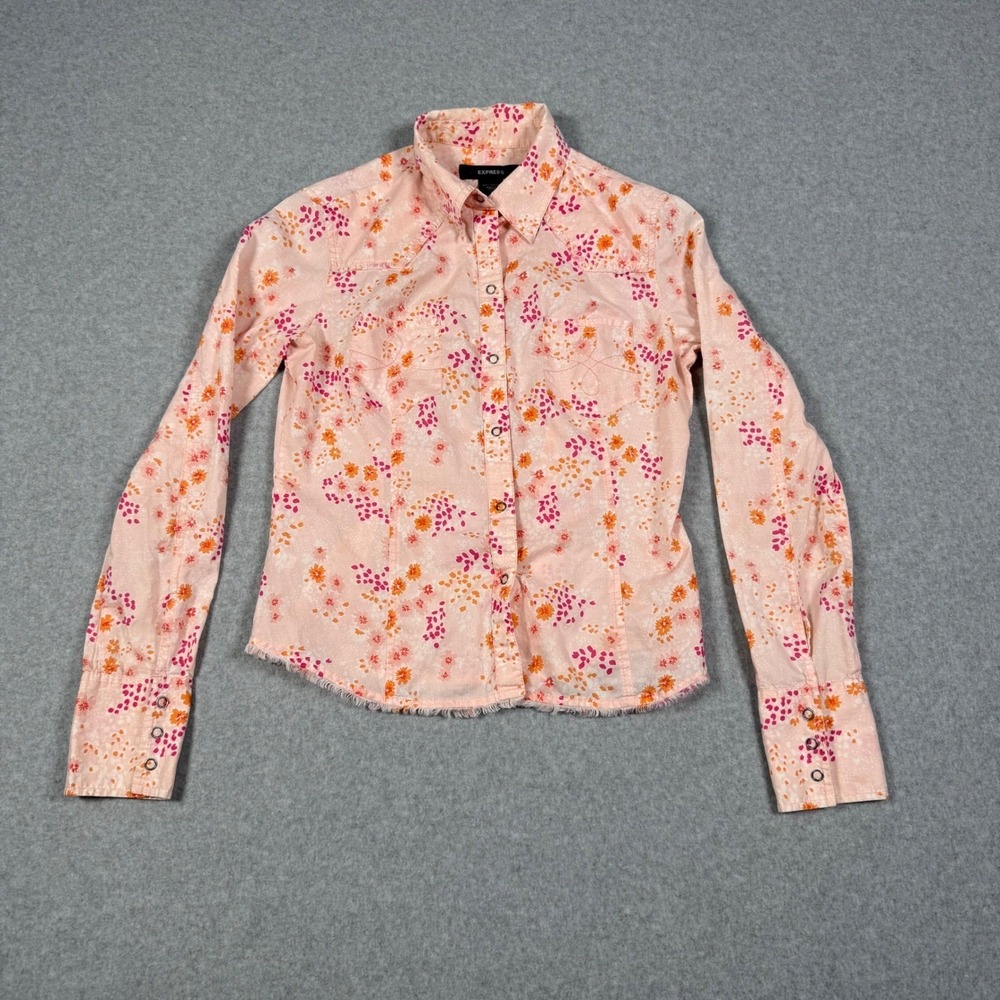 Express Y2K Womens Pink Floral Western Snap Button Down Shirt Long Sleeve Small